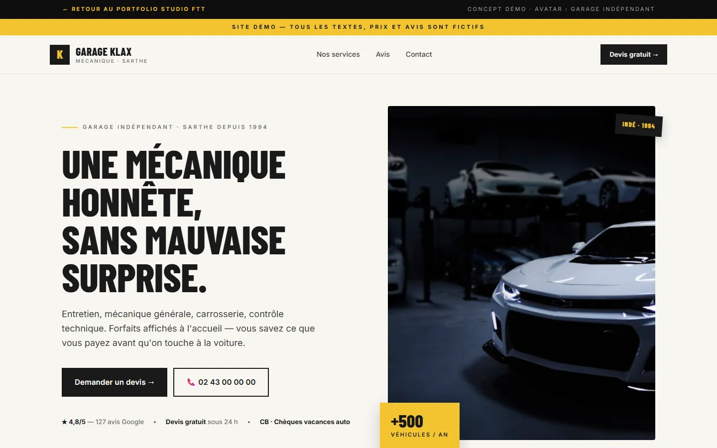 Aperçu de la démo Garage Klax — garage indépendant